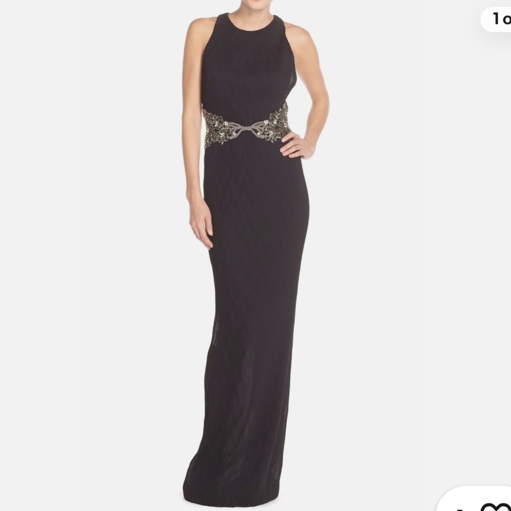 Badgley Mischka Black pleated chiffon maxi gown beaded waist racerback EG1810 14